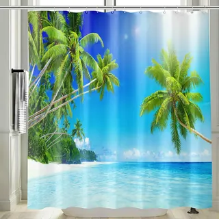 Vgzsyomqib Strand Meer Duschvorhang 200x200 Lang Anti Schimmel Wasserdicht für Badewanne Stoff Shower Curtains 3D Insel Grün Palmen Blau Ocean Motiv Duschvorhänge Waschbar Textil