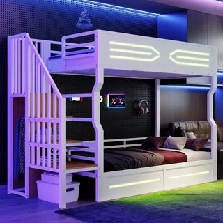 Flieks Etagenbett 90x200cm mit Kleiderstange und Staufächern, Jugendbett Metallbett mit Led, Hochbett Kinderbett mit Treppe und Lattenrost, Weiß - Weiß