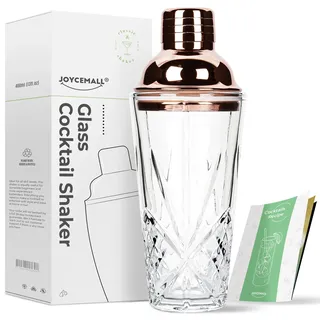 JOYCEMALL Cocktail-Shaker aus Glas, 411 ml, Kristall-Shaker, Barkeeper-Shaker mit Edelstahlkappe und Sieb, für den Heimgebrauch und Bar, Whisky-Cocktail, Roségold