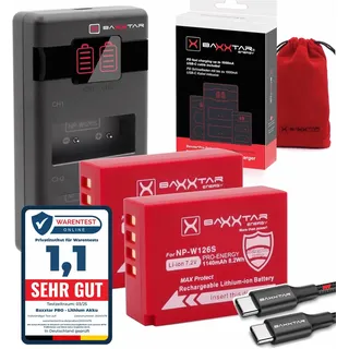 Baxxtar NP-W126S Akkus (2X 1140mAh) – MaxProtect V1 Schutzgehäuse, aktiver NTC-Sensor – Schnellladefähig mit 1000mA PD MaxPerformance USB-C – Ersatz für Fuji NP-W126s NP-W126 (161957)
