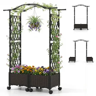 COSTWAY Blumenkasten mit Rankgitter & hängendem Dach, 2 in 1 Rosenbogen mit 2 Pflanzkästen, Gartenbogen auf Rollen, Metall und PP, Rankkasten mit Spalier für Kletterpflanzen, Gartenspalier (Braun)