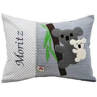 Glückspilz Namenskissen Babykissen I Koala I mit Namen personalisiert I Geschenk zu Geburt, Taufe oder Geburtstag I Grau I 30 x 45 cm