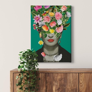 Leinwandbild Blumengesicht - Kunstdruck grün bunt - 50x70 Hochformat - Wanddekoration Wohnzimmer - Bild auf Keilrahmen