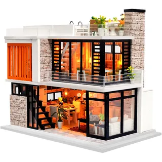 Spilay Miniatur Haus, Moderne Villa Puppenhaus Holz | DIY Miniature House mit LED-Licht und Musikbox, 3D Puzzle für Erwachsene, Miniatur Bausatz, Regal Deko Geschenk