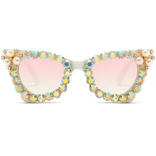 LJCZKA Strass Katzenauge Sonnenbrille für Damen Retro Diamant Perle Cateye Schirme Bling Punk Party Luxus Brille mit UV Schutz (Weiß Gradient Rosa) - Einheitsgröße