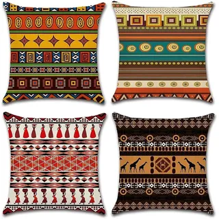 Set Mit 4 Dekorativen Kissenbezügen Aus Baumwolle Und Leinen Im Ethno-stil Für Sofa, Schlafzimmer Und Wohnzimmer – 45 X 45 Cm
