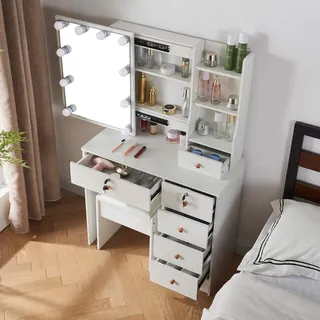 Buildonely Schminktisch mit Hocker, Frisiertisch mit Spiegel und Beleuchtung für Make up, Kosmetiktisch mit LED Lights 3 Farben und Einstellbarer Helligkeit, 6 Schubladen, Modern,W1906717