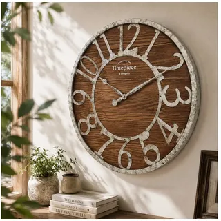 K&L Wall Art Wanduhr große Industrielle Metalluhr Vintage Holzuhr Rost Optik (Goße Wohnzimmer Wanduhr Holz-Metall-Optik, ohne Tick-Geräusche) silberfarben