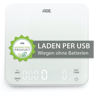 ADE Küchenwaage KE2100 Digitale Waage mit Akku (Aufladen per USB-Kabel), Aufladung per USB-Kabel, integriertem Timer, perfekt als Kaffeewaage weiß