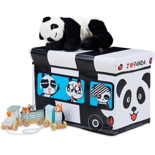 Relaxdays Spielzeugkiste faltbar, Panda, Aufbewahrungsbox mit Stauraum & Deckel, gepolstert, HBT 34 x 49 x 31 cm, weiß, 1 Stück