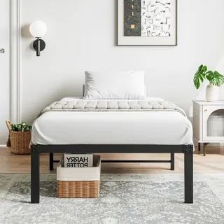 VERFARM Plattformbett aus Metall, Bettrahmen 90 x 200 cm Metallbett Bettgestell aus Metall, Modern Metallbett Für Erwachsene, Kinder, Jugendliche, Einfache Montage, Einzelbett Schwarz 36cm H