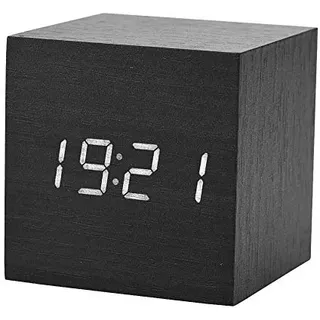 6x6x6cm Hölzerne Elektronik, Wecker Tischuhr Temperatur Kleine Digitaluhr Digitale Holzzegar Cyfrowy LED-Anzeige Sprachsteuerung Schwarz (Schwarzes Holz + weißes Licht)