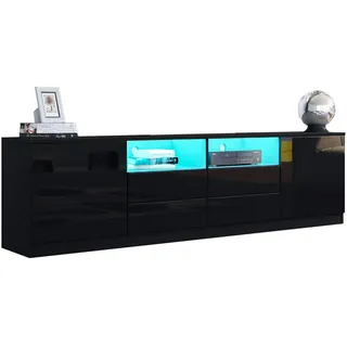 Ikewaier 180cm LED TV Lowboard, Modernes Schwarz Hochglanz TV Schrank | mit 2 Türen 4 Schubladen 2 offene Regale, TV Sideboard für Wohnzimmer Schlafzimmer, für Fernseher bis zu 75 Zoll geeignet