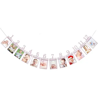 Oblique-Unique® Baby Girlande 12 Monate 1. Lebensjahr Monatsgirlande für Mädchen Babyshower Schwangerschaft Kinder Geburtstag in Pink Lila mit edlem Glitzereffekt