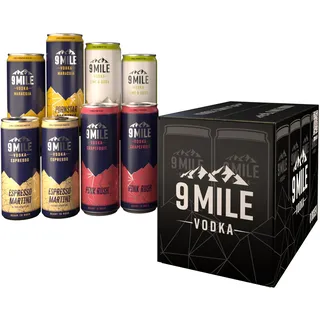9 MILE Vodka Premix Probierpaket 10% Vol. - 4 Sorten, 2x0,2l & 6x0,33l | Ready to drink Cocktailpaket, Espresso Martini, Pornstar Martini, Pink Rush & Vodka Soda, fertiggemixt für unterwegs