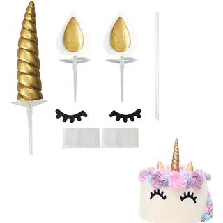 6-teiliges Goldenes Einhorn Torten-Deko Set, Inklusive Hörner, Ohren und Wimpern, für Geburtstagskuchen, Hochzeits- und Motivtorten, Magische Einhorn Kuchenverzierung für Kinderpartys