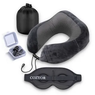 Cozyor Schlafmaske 100% Blackout-Effekt 3D Augenmaske mit ergonomischem Design, Reiseset klein & kompakt anthrazit dunkelgrau, Schlafmaske + Nackenkissen & Ohrstöpsel, extra Polsterung und variable Passform grau