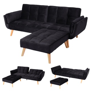 Schlafsofa MCW-K18 mit Ottomane, Couch Sofa Gästebett, Schlaffunktion 218x175cm ~ Samt schwarz