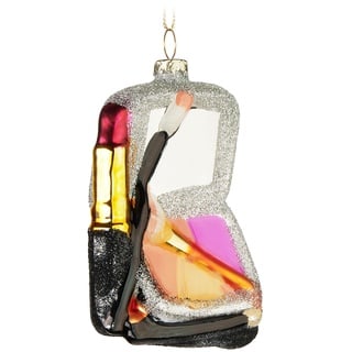 BRUBAKER Make-Up Set - Handbemalte Weihnachtskugel aus Glas - 9 cm Baumkugel Glitzer Schminkset mit Spiegel, Pinsel und Lippenstift - Mundgeblasener Christbaumschmuck für Frauen