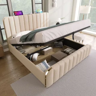 MODFU Boxspringbett Hydraulisches 140 x 200 cm mitmit Kopfteil mit USB Typ-C Ladefunktion, Polsterbett Doppelbett Stauraumbett mit Bettkasten Staur... - Beige