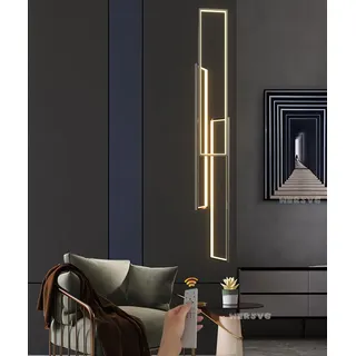 WERSVG LED Schwarz Pendelleuchte Treppenhaus Lang Geometrie Hängeleuchte Dimmbar mit Fernbedienung Modern Treppen Pendellampe Höhenverstellbar, für Villa Foyer Treppenhaus Wohnzimmer 3 Flammig,100W