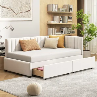 Tagesbett 1 Person, 2 Schubladen Und Armlehnen, 90 X 200 Cm, Ohne Matratze, Beige, Gepolstert
