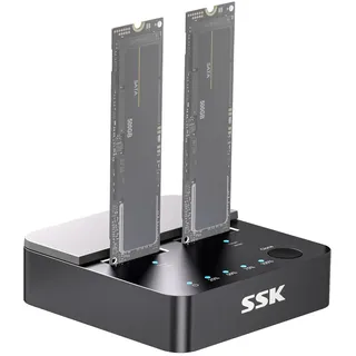 SSK M.2 NVMe & SATA SSD Cloner, 10Gbps Dual Bay Festplatten DockingStation | USB 3.2 Gen 2, Festplattengehäuse mit Offline Klonen, USB Adapter für M-Key-/B+M-Key PCIe SSD Reader, UASP und Trim