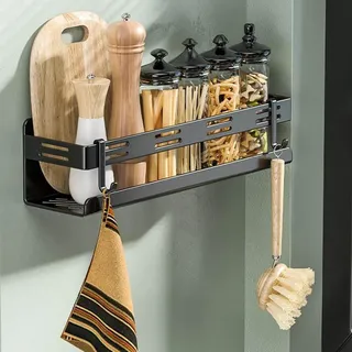 Gewürzregal Selbstklebend Küchenregal Wand 4 Haken 40cm Schwarz