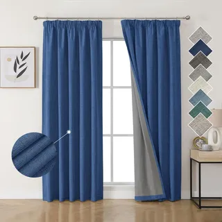 Joydeco 100% Verdunkelungsvorhänge Leinen Gardinen mit Kräuselband 2er Set H229xB132cm Marineblau, Thermovorhang Kälteschutz Blickdicht Schallschutz Ideal für Wohnzimmer passt zu Schienensystemen
