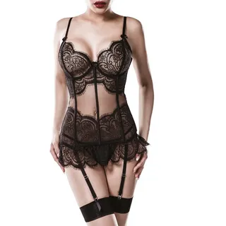 Grey Velvet Corsage 2-teiliges Damen Dessous Lingerie-Corsagen-Set Strapshemd mit String i schwarz S