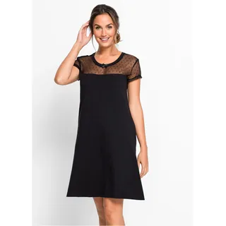 Nachthemd BONPRIX, Damen, Gr. 40/42 (M), N-Gr, schwarz, Jersey, Obermaterial: 100% Baumwolle. Spitze: 82% Polyamid, 18% Elasthan, unifarben, Basic knieumspielend, Rundhals, Kleider Nachthemd, mit Mesh-Einsatz und dekorativer Zierschleife am Ausschnitt