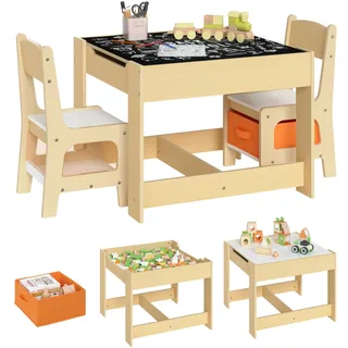 WOLTU Kindertisch mit 2 Stühlen, für Kinder ab 3 Jahren, Naturholzfarbe | Kindersitzgruppe mit Stauraum, wendbare Tischplatte, für Kinderzimmer Kindergarten, 62x62x48 cm