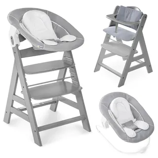 hauck Alpha+ Hochstuhl Newborn Set mit 2in1 Bouncer - Grau | Mitwachsender Holz Kinderhochstuhl ab Geburt bis 90 kg | inkl. Neugeborenenaufsatz & Sitzkissen