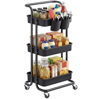 SONGMICS Rollwagen, 3 Ebenen, Servierwagen, Küchenwagen mit Griff, 2 kleine Einhängefächer, 2 Bremsen, Ablagefächer aus Kunststoff, einfacher Aufbau, Schlafzimmer, schwarz BSC067B01