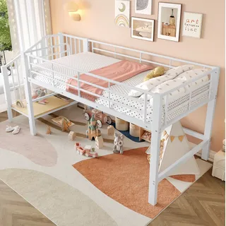 Bett Kinder Halbhochbett 90x200 Cm Modern Weiß Aus Mdf Und Metall Mit Stauraumtreppe Und Lattenrost