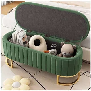 KLAM HOME Sitzhocker Stauraum-Fußbank 120 cm Beige Samtstoff (Gepolsterte Sitzbank mit verstecktem Stauraum), Multifunktional für Wohnzimmer, Schlafzimmer & Flur grün