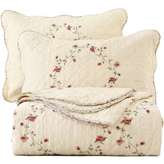 vctops 3-teiliges Elegantes, Besticktes Tagesdecken-Set mit Blumenmuster, 100% Baumwolle, wendbar, Patchwork, 1 Steppdecke und 2 Kissenbezüge, Full/Queen, Blume
