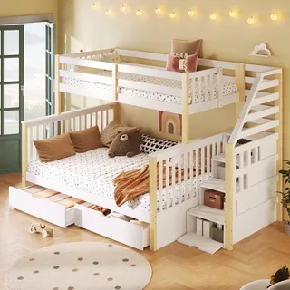 ModernLuxe Etagenbett 90x200+140x200 cm, Bett mit Schubladen und Stauraum, Massivholz Hochbett mit Leiter, Familienbett Doppelstockbett,Bettgestell ohne Matratze, Weiß+Natur
