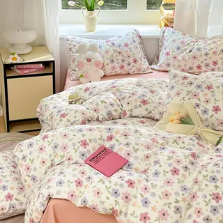 Bettwäsche 220x240 Weiß Rosa Bunt Blumen Bettbezug + 2 Kissenbezug 80x80cm | Bettwäsche Set 3teilig, Blümchen Blumenmuster, Botanisch, Landhausstil,Blüten, Aesthetic, Microfaser, Reißverschluss