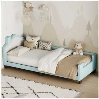 SOFTWEARY Kinderbett mit Lattenrost und Kopfteil (90x200 cm), Jugendbett, Polsterbett, Kunstleder blau