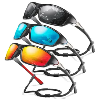 3er-Pack Polarisierte Sport-Sonnenbrillen für Herren – UV400 Schutz, Wrap-Around Design für Radfahren, Angeln und Fahren (A02-grey/Ice Blue/Red)