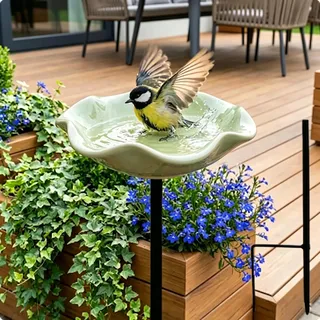 Vogeltränke Blume, Bienentränke Keramik mit Bodensteckdose - Bienentränke Gartenstecker & Insektentränke, Wasserschale und Vogelfutterstelle, Dekorative Keramikblüten Blumenstecker (G)