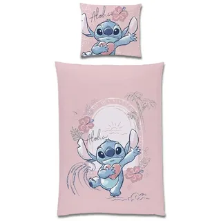 Familando Lilo und Stitch Schriftzug Baumwolle Rosa 135 x 200 cm + 80 x 80 cm