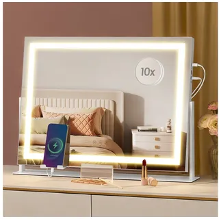 SONGMICS Schminkspiegel mit Beleuchtung, Kosmetikspiegel Touch-Steuerung, dimmbar, Handyhalter, verstellbares LED-Licht, mit USB-A und USB-C, 58 x 43 cm 58 cm x 43 cm