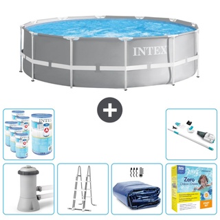 Intex Round Prism Frame Swimming Pool – 366 x 99 cm – Grau – inklusive Pumpe – Leiter Sonnensegel - Wartungspaket - Filter - Staubsauger