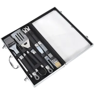 SOUK ONE Edelstahl Grillbesteck-Set 11-teilig Grill-Koffer BBQ Grillkoffer Besteck Zubehör für Männer Geschenk fürs Grillen und Kochen mit Grillbürste Grillgabel Grillzange Grillspieß Pinsel Wender
