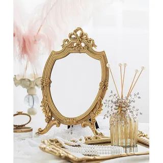 APLUSH Französischer Geschnitzter Retro-Kosmetikspiegel, Vintage-Gold-Stand-Schminkspiegel, Antiker Dekorativer Tisch-Schminkspiegel(Color:A)