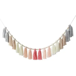 Handgemachte Regenbogen Wanddeko Wandteppich mit Holz Perlen und Quaste Girlande, Fallen Pastellfarbenes Quastenbanner Perle Quaste für Party, Klassenzimmer, Kinderzimmer, Schlafzimmer (2 pcs,rosa)