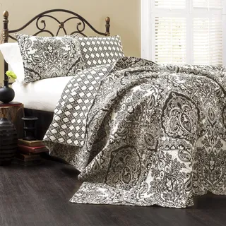 Lush Decor Aubree Steppdecke, Paisleymuster, Damastmuster, wendbar, 3-teilig, leicht, Bettdecke, Tagesdecke, Set, Kingsize, Schwarz & Weiß