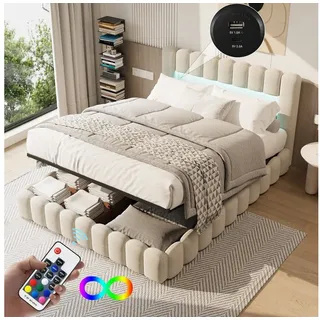 NMCXXO Polsterbett Jugendbett Futonbett 180x200cm, Stauraumbett, Bettkasten, LED-Beleuchtung, USB-Anschluss beige